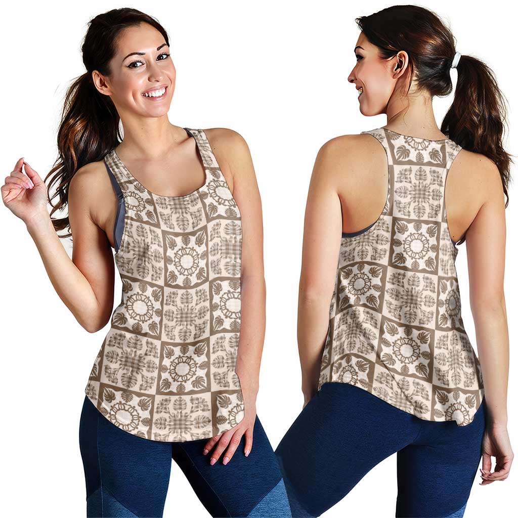 Beige Palaka Quilt Hawaii Women Racerback Tank Hawaiian Tropical Monstera Sea Turtle LT14 - Polynesian Pride