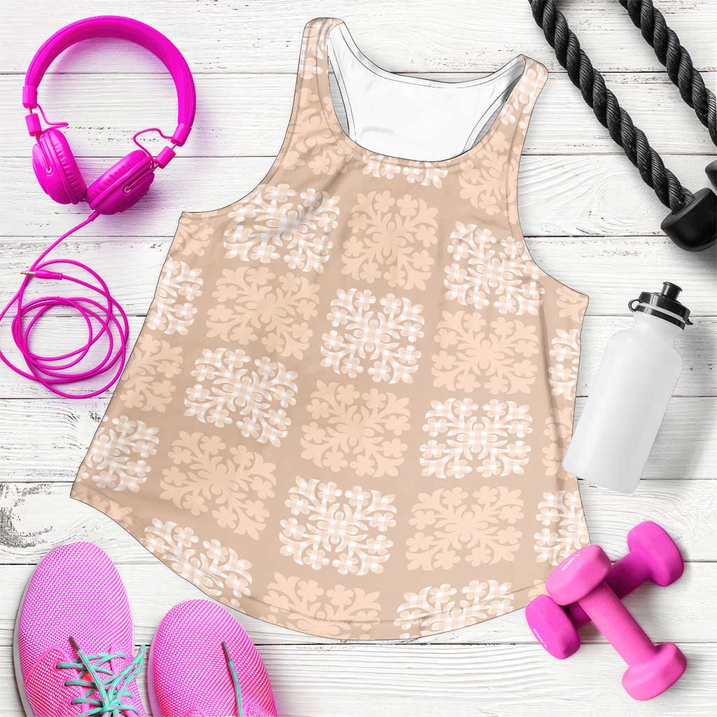 Beige Palaka Quilt Hawaii Women Racerback Tank Traditional Hawaii-plaid Pattern - Polynesian Pride