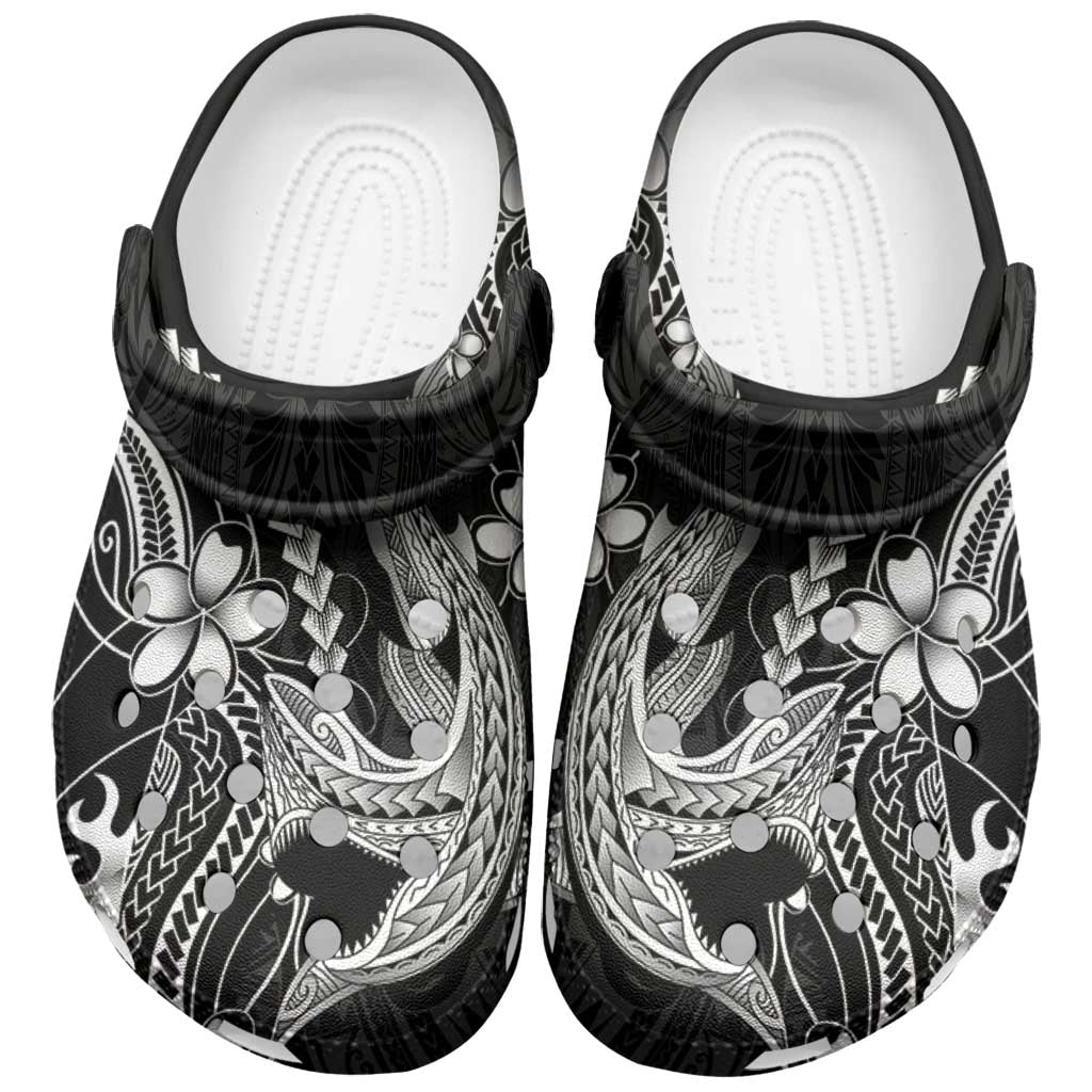 Black Aloha Hawaii Clogs Shoes - Polynesian Shark Tattoo With Plumeria LT14 Black - Polynesian Pride