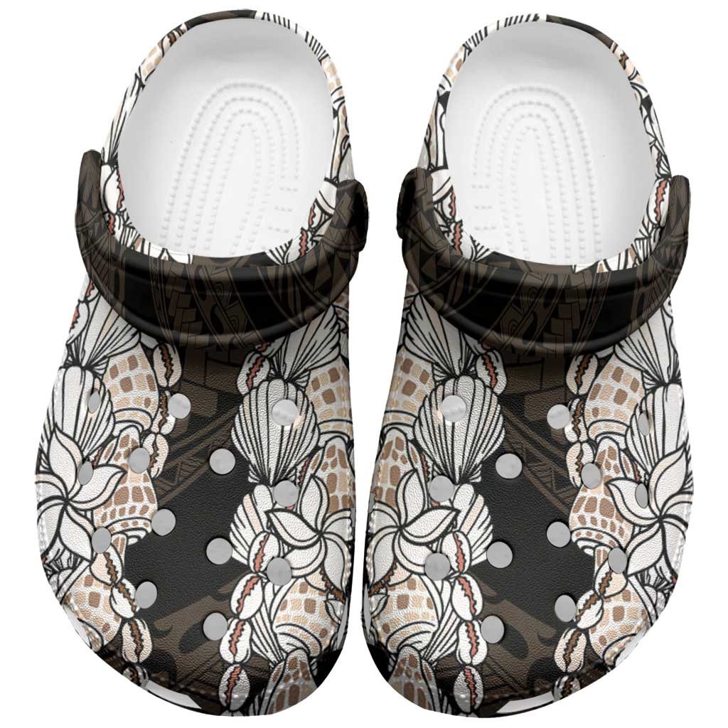 Black and Beige Hawaii Shell Lei Clogs Shoes Hawaiian Sunrise Shell Hebrew Cone Plumeria - Polynesian Pride