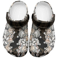 Black and Beige Hawaii Shell Lei Clogs Shoes Hawaiian Sunrise Shell Hebrew Cone Plumeria - Polynesian Pride