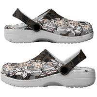 Black and Beige Hawaii Shell Lei Clogs Shoes Hawaiian Sunrise Shell Hebrew Cone Plumeria - Polynesian Pride