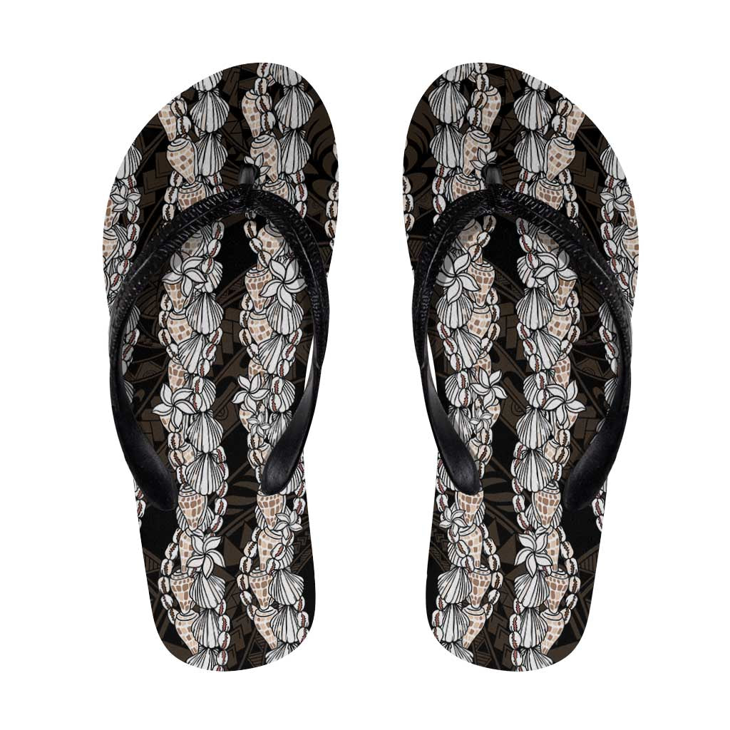 Black and Beige Hawaii Shell Lei Flip Flops Hawaiian Sunrise Shell Hebrew Cone Plumeria - Polynesian Pride