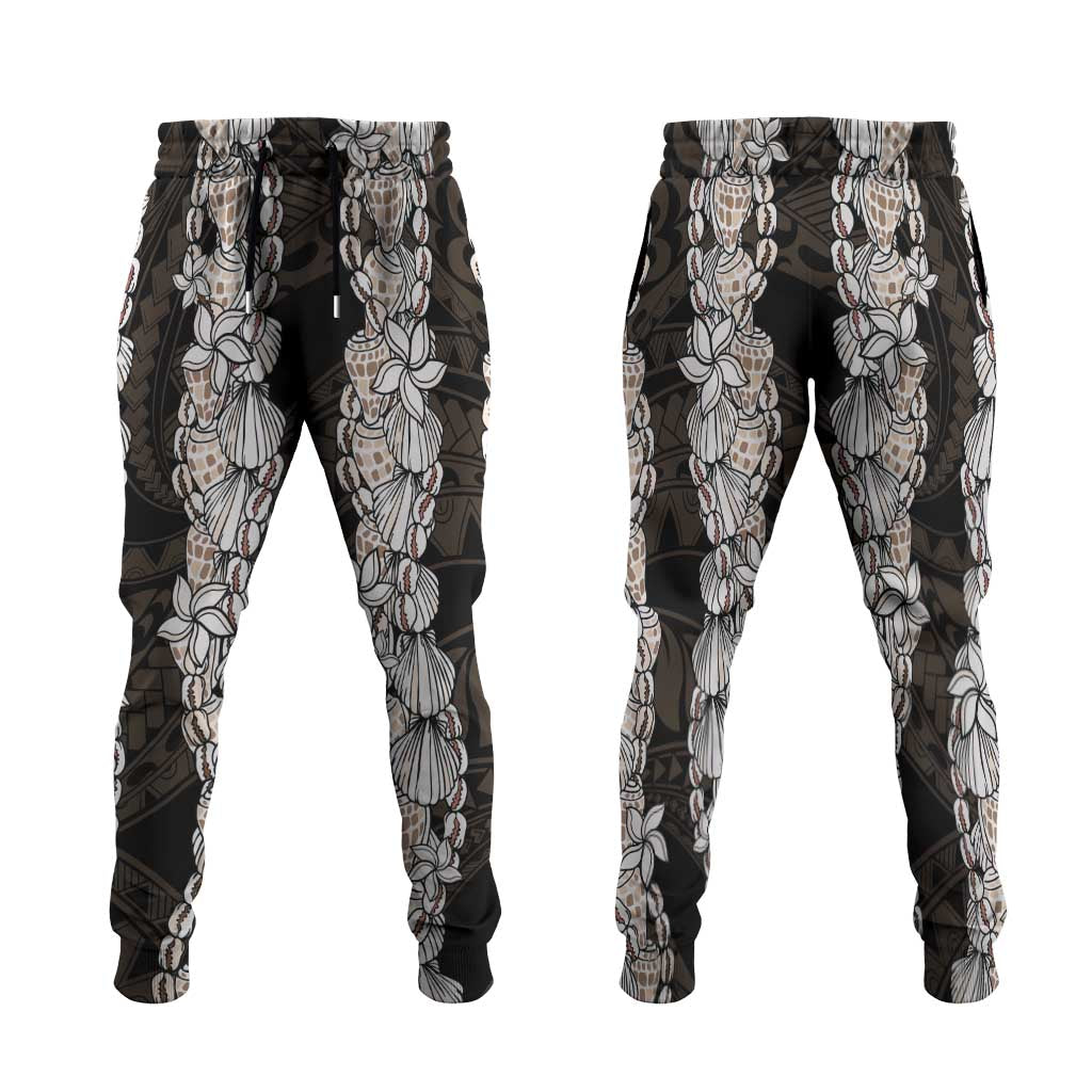 Black and Beige Hawaii Shell Lei Jogger Pants Hawaiian Sunrise Shell Hebrew Cone Plumeria LT14 Black - Polynesian Pride