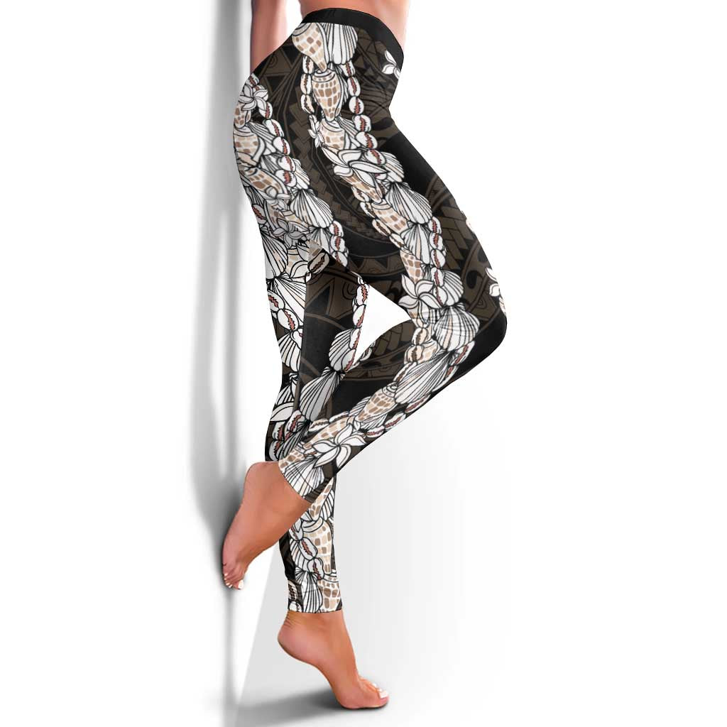 Black and Beige Hawaii Shell Lei Leggings Hawaiian Sunrise Shell Hebrew Cone Plumeria - Polynesian Pride