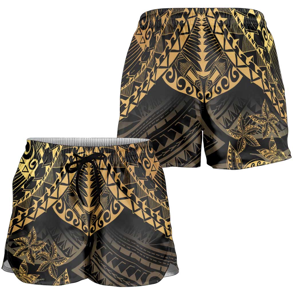 Black and Gold Polynesia Shorts for Women Plumeria Tattoo With Polynesian Pattern - Polynesian Pride