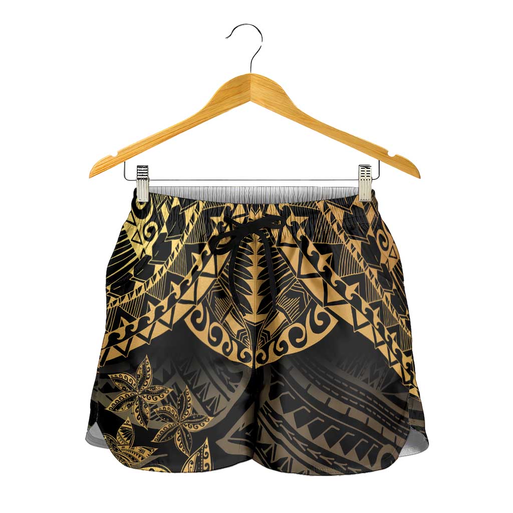 Black and Gold Polynesia Shorts for Women Plumeria Tattoo With Polynesian Pattern - Polynesian Pride