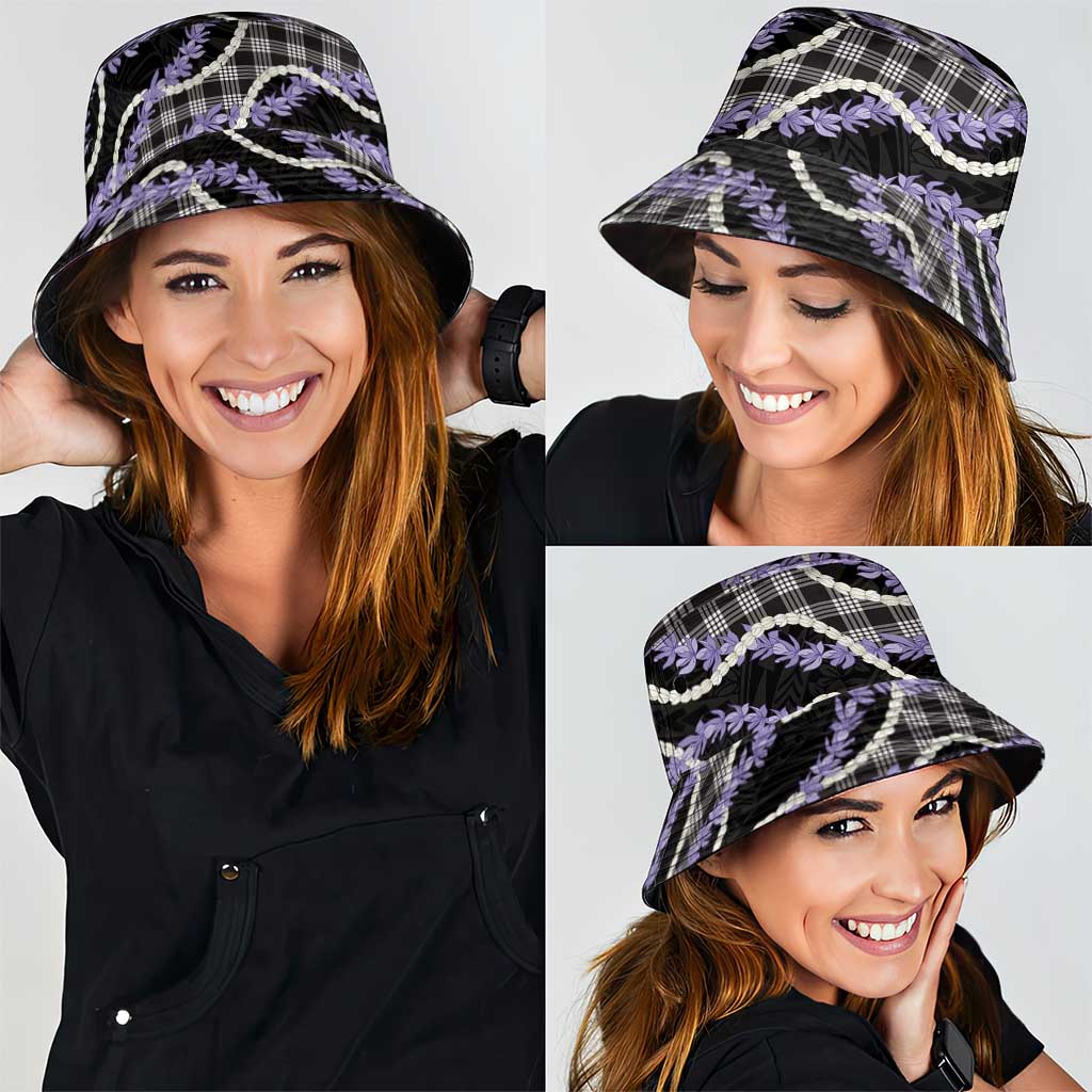 Black Hawaii Palaka Honohono Pikake Bucket Hat Hawaiian Orchid Lei Polynesian Pattern - Polynesian Pride