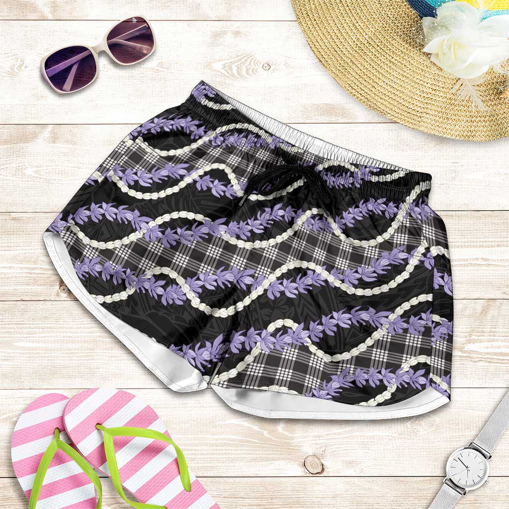 Black Hawaii Palaka Honohono Pikake Shorts for Women Hawaiian Orchid Lei Polynesian Pattern - Polynesian Pride