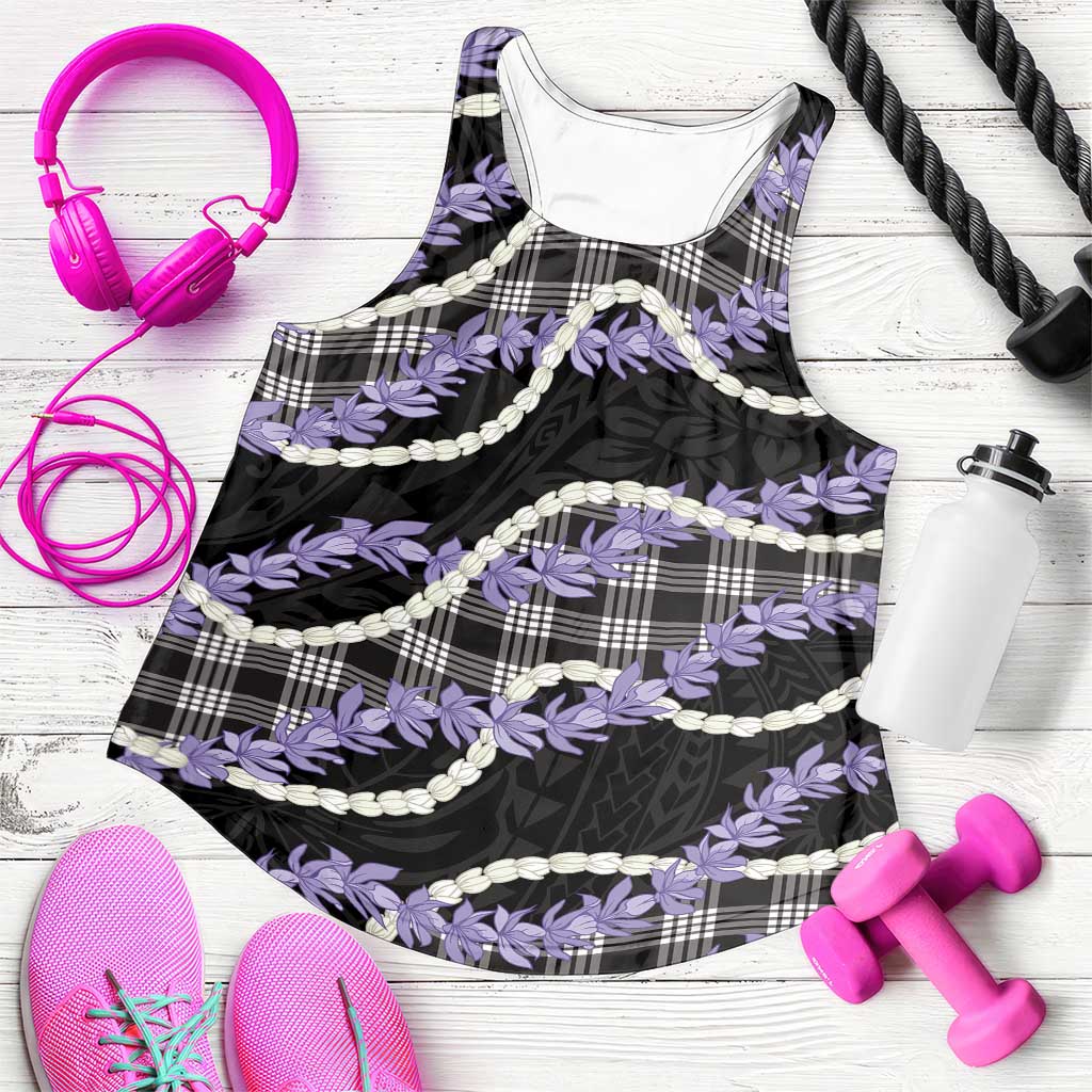 Black Hawaii Palaka Honohono Pikake Women Racerback Tank Hawaiian Orchid Lei Polynesian Pattern - Polynesian Pride