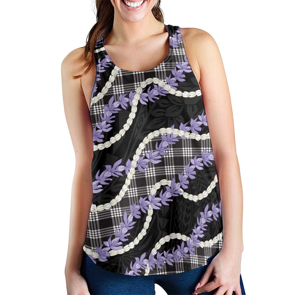 Black Hawaii Palaka Honohono Pikake Women Racerback Tank Hawaiian Orchid Lei Polynesian Pattern - Polynesian Pride