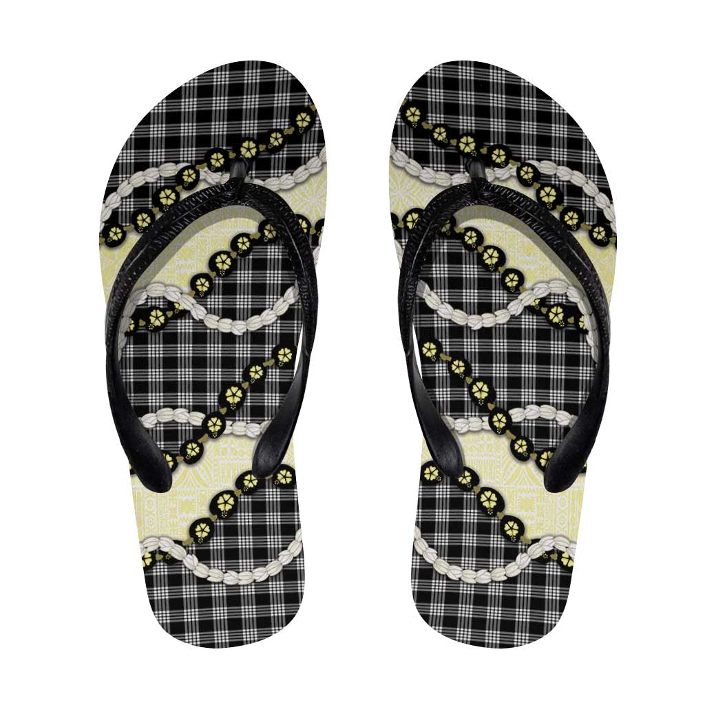 Black Palaka Hawaii Flip Flops Kukui Nut Pikake Lei Hawaiian Tapa Pattern - Polynesian Pride