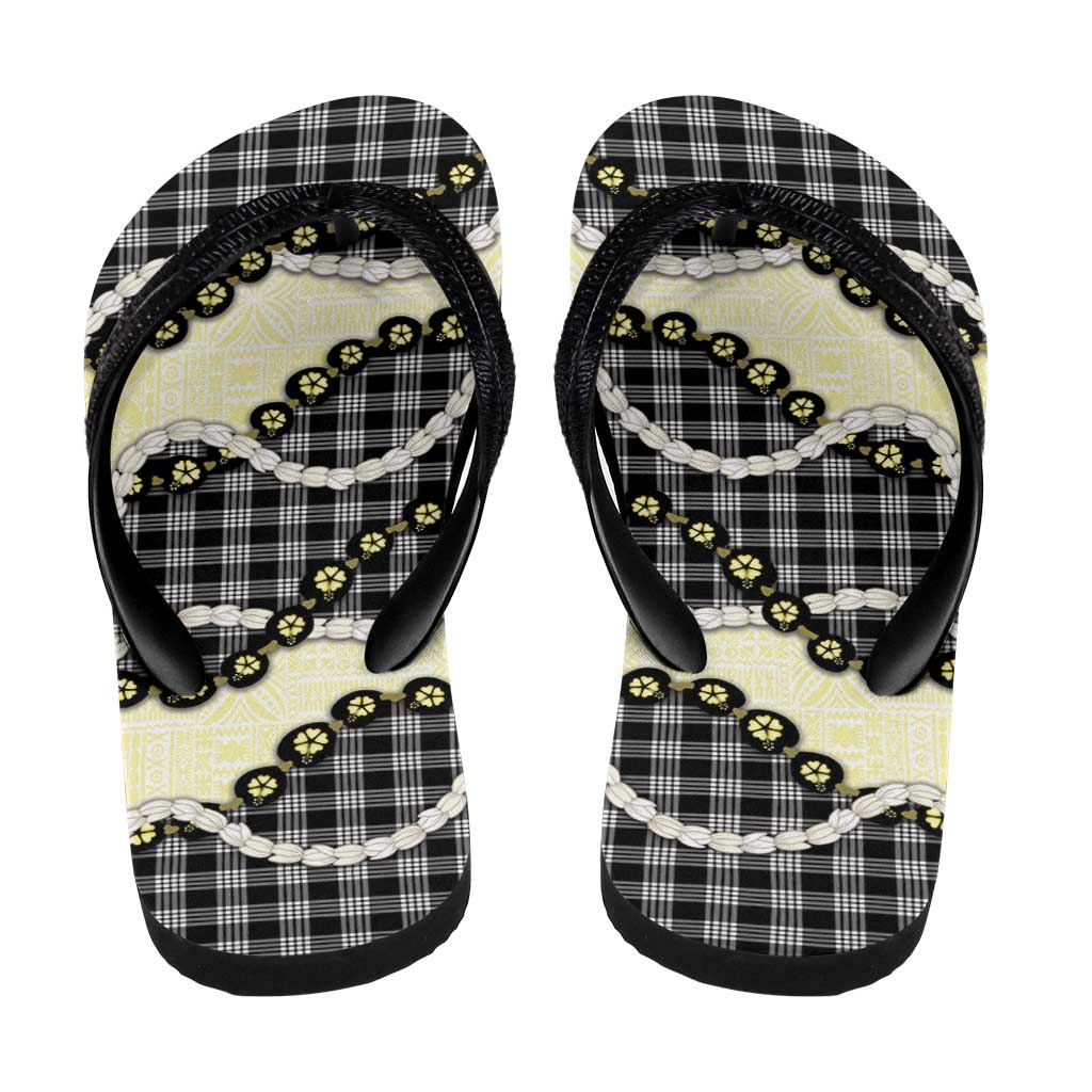 Black Palaka Hawaii Flip Flops Kukui Nut Pikake Lei Hawaiian Tapa Pattern - Polynesian Pride