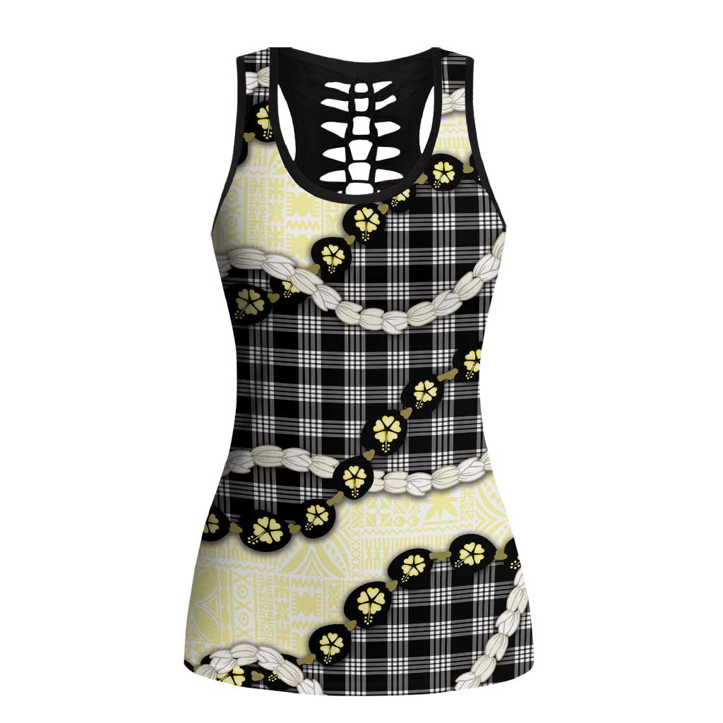 Black Palaka Hawaii Hollow Tank Top Kukui Nut Pikake Lei Hawaiian Tapa Pattern - Polynesian Pride
