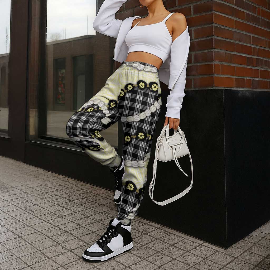 Black Palaka Hawaii Jogger Pants Kukui Nut Pikake Lei Hawaiian Tapa Pattern - Polynesian Pride