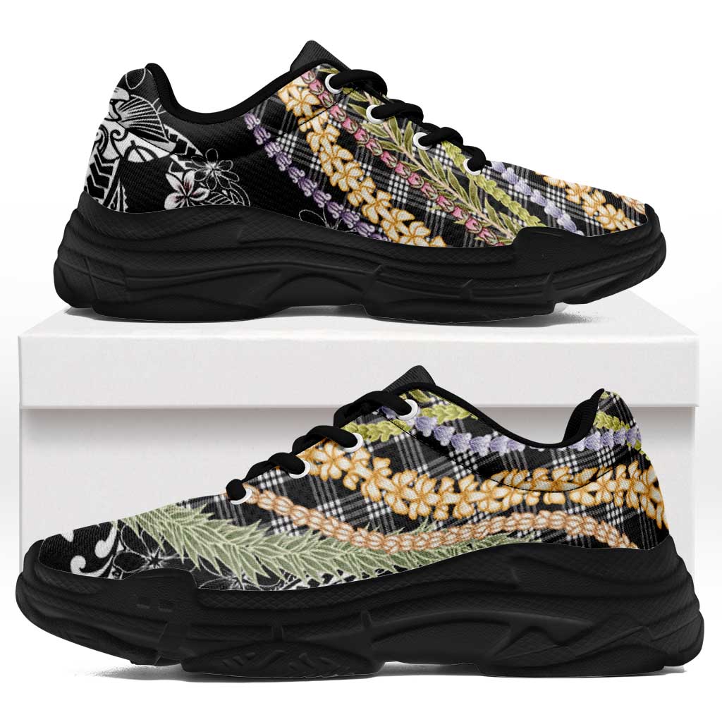 Black Palaka Hawaii Leis Chunky Sneakers Hawaiian-plaid Elegant Tropical Vibes LT14 Black - Polynesian Pride