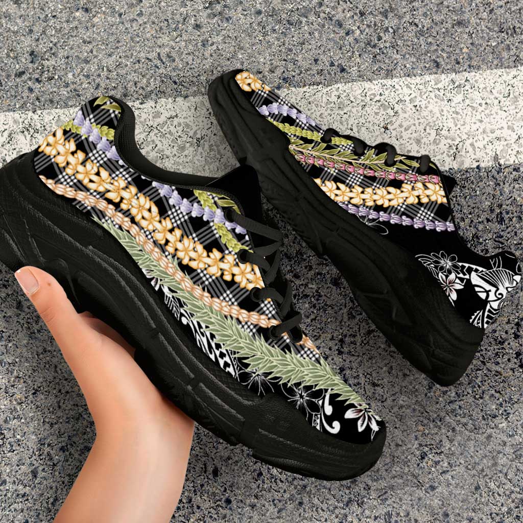 Black Palaka Hawaii Leis Chunky Sneakers Hawaiian-plaid Elegant Tropical Vibes LT14 - Polynesian Pride