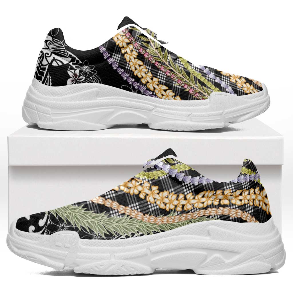 Black Palaka Hawaii Leis Chunky Sneakers Hawaiian-plaid Elegant Tropical Vibes LT14 Black - Polynesian Pride
