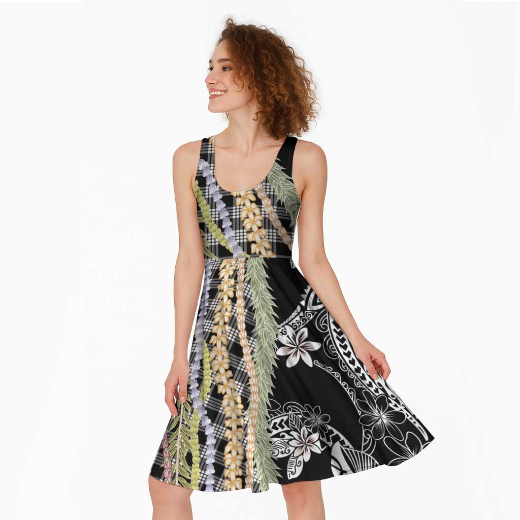 Black Palaka Hawaii Leis Midi Dress Hawaiian-plaid Elegant Tropical Vibes - Polynesian Pride