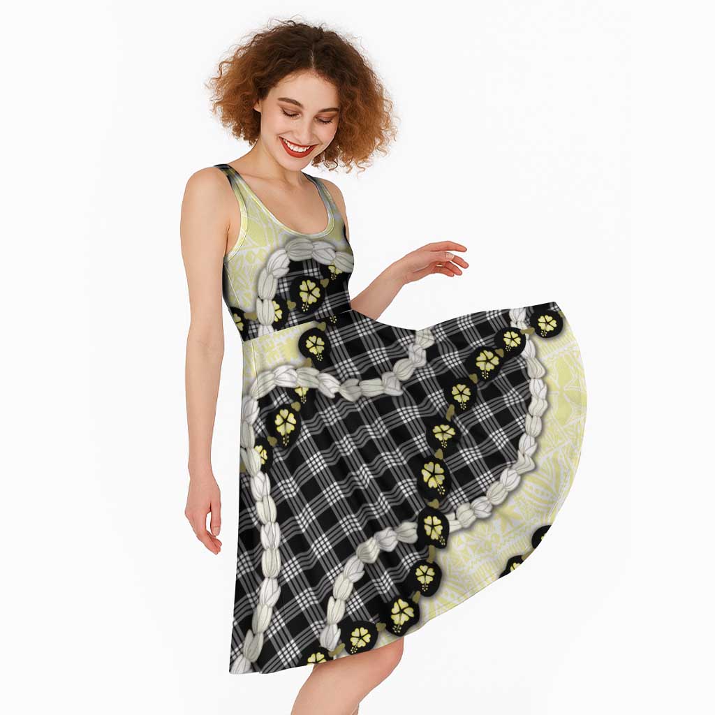 Black Palaka Hawaii Midi Dress Kukui Nut Pikake Lei Hawaiian Tapa Pattern - Polynesian Pride