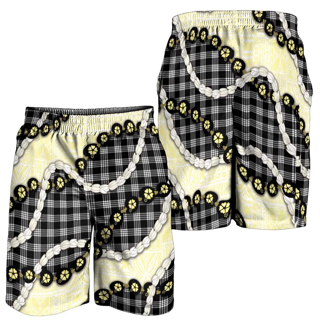 Black Palaka Hawaii Shorts for Men Kukui Nut Pikake Lei Hawaiian Tapa Pattern - Polynesian Pride