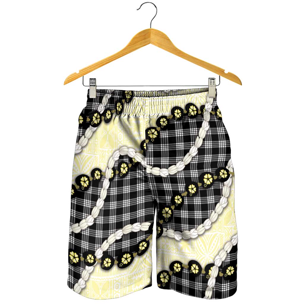 Black Palaka Hawaii Shorts for Men Kukui Nut Pikake Lei Hawaiian Tapa Pattern - Polynesian Pride