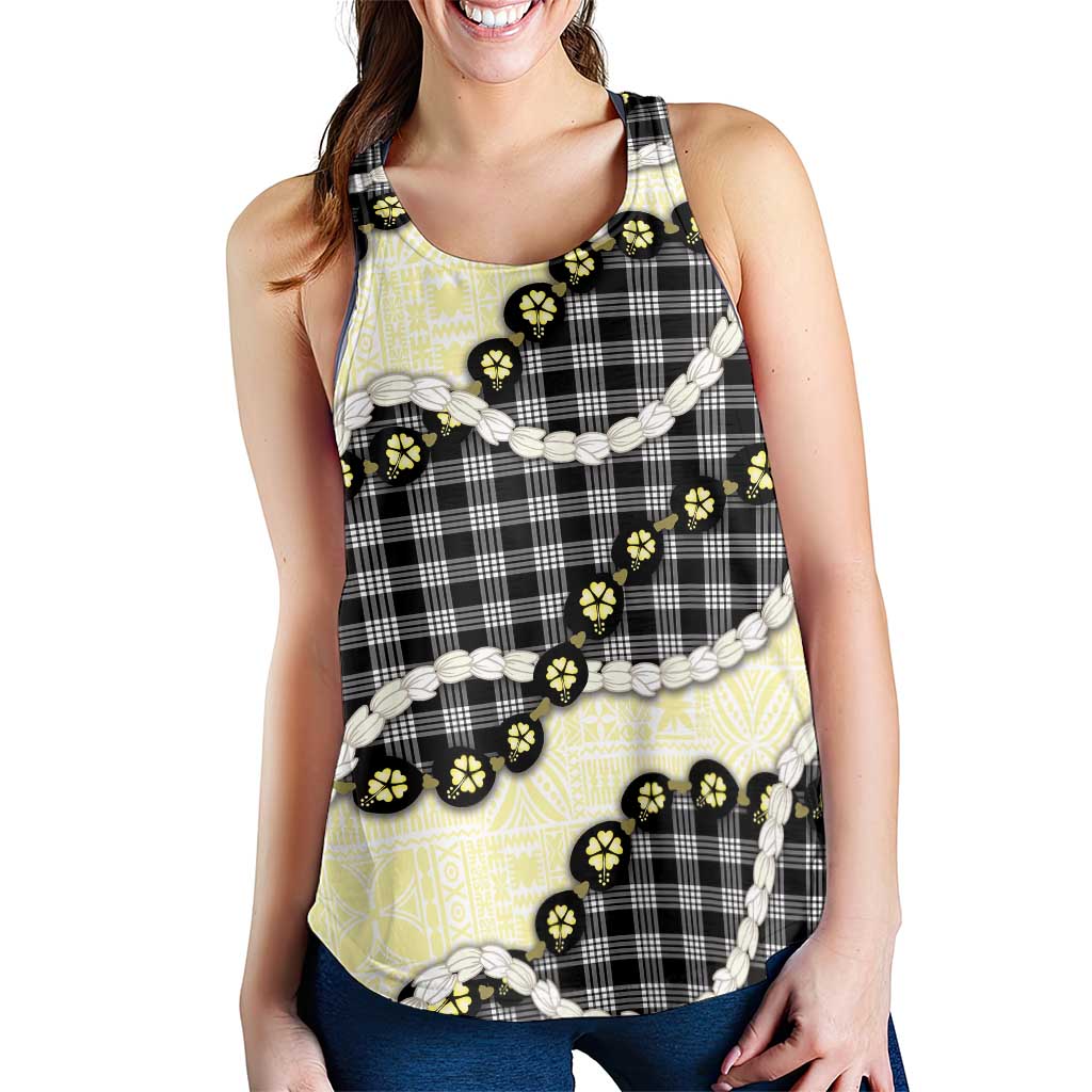 Black Palaka Hawaii Women Racerback Tank Kukui Nut Pikake Lei Hawaiian Tapa Pattern - Polynesian Pride