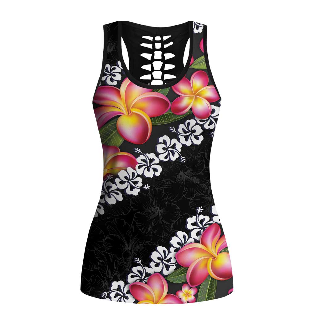 Black Polynesia Hollow Tank Top Plumeria With Hibiscus Pattern Tropical Vibes - Polynesian Pride