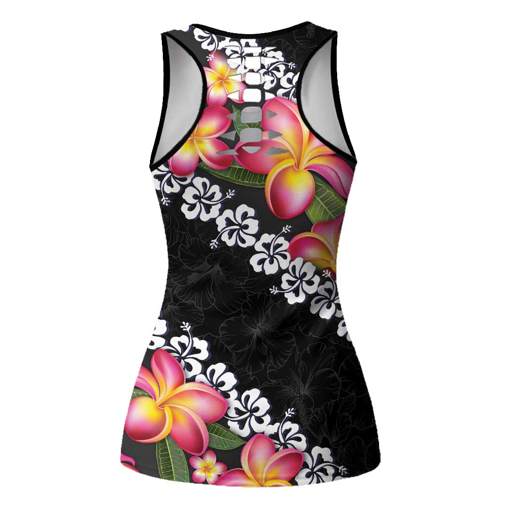 Black Polynesia Hollow Tank Top Plumeria With Hibiscus Pattern Tropical Vibes - Polynesian Pride