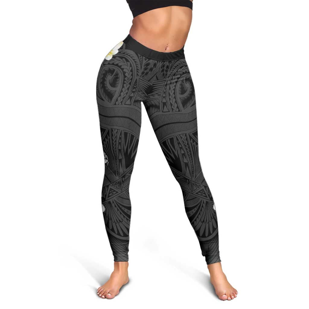 Black Samoa Tattoo Leggings Plumeria Samoan Ocean Tatau Pattern - Polynesian Pride