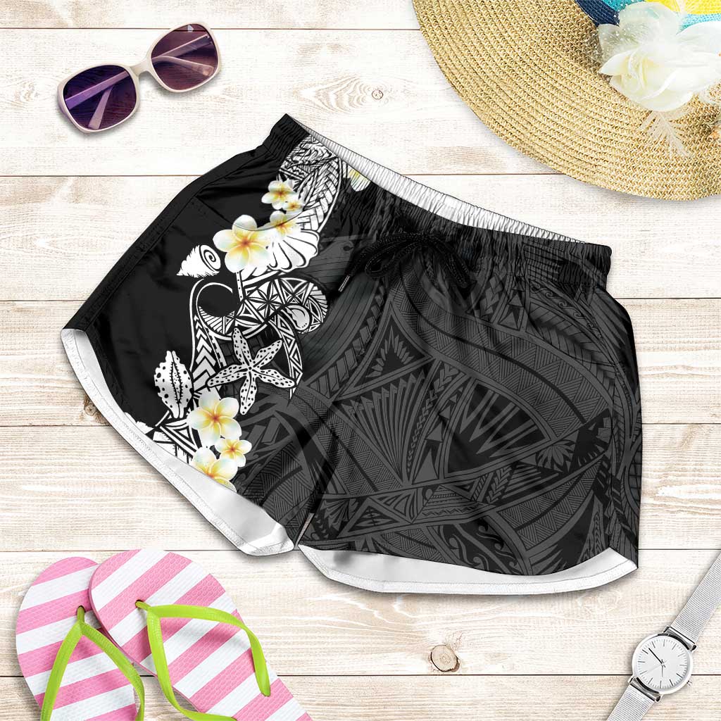 Black Samoa Tattoo Shorts for Women Plumeria Samoan Ocean Tatau Pattern - Polynesian Pride