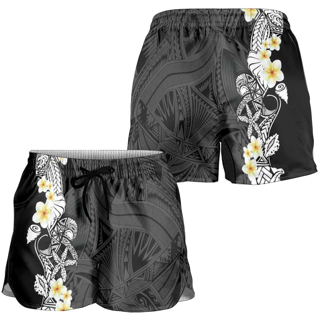 Black Samoa Tattoo Shorts for Women Plumeria Samoan Ocean Tatau Pattern - Polynesian Pride