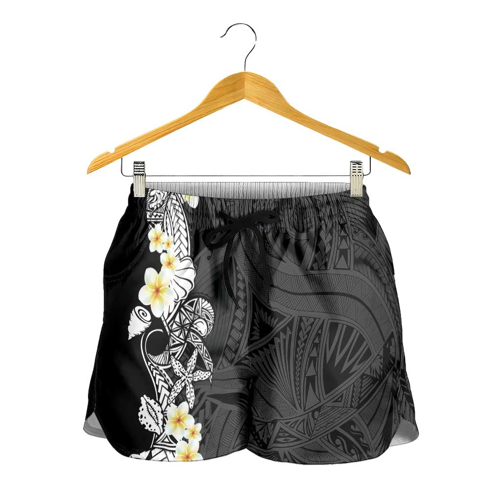 Black Samoa Tattoo Shorts for Women Plumeria Samoan Ocean Tatau Pattern - Polynesian Pride