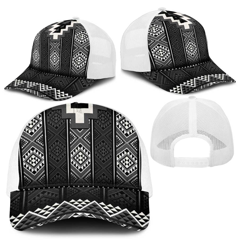 Black Taniko Aotearoa Mesh Trucker Cap Niho Taniwha Mix Poutama - Polynesian Pride