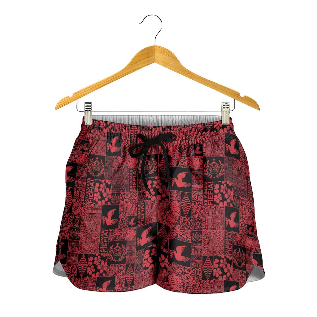 Black Tonga Kilisimasi Fiefia Shorts for Women Pacific Patchwork Xmas Vibes - Polynesian Pride