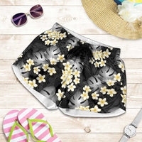 Black Tropical Hawaii Shorts for Women Seamless Monstera Plumeria Hawaiian Pattern - Polynesian Pride