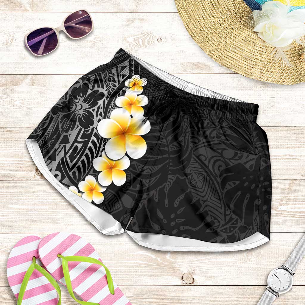 Black Tropical Plumeria With Galaxy Polynesian Art Shorts for Women LT14 Black - Polynesian Pride