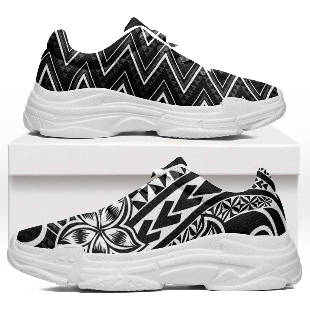 Black White New Zealand Taniko Motifs Chunky Sneakers Aotearoa Maori Plumeria Curve Style
