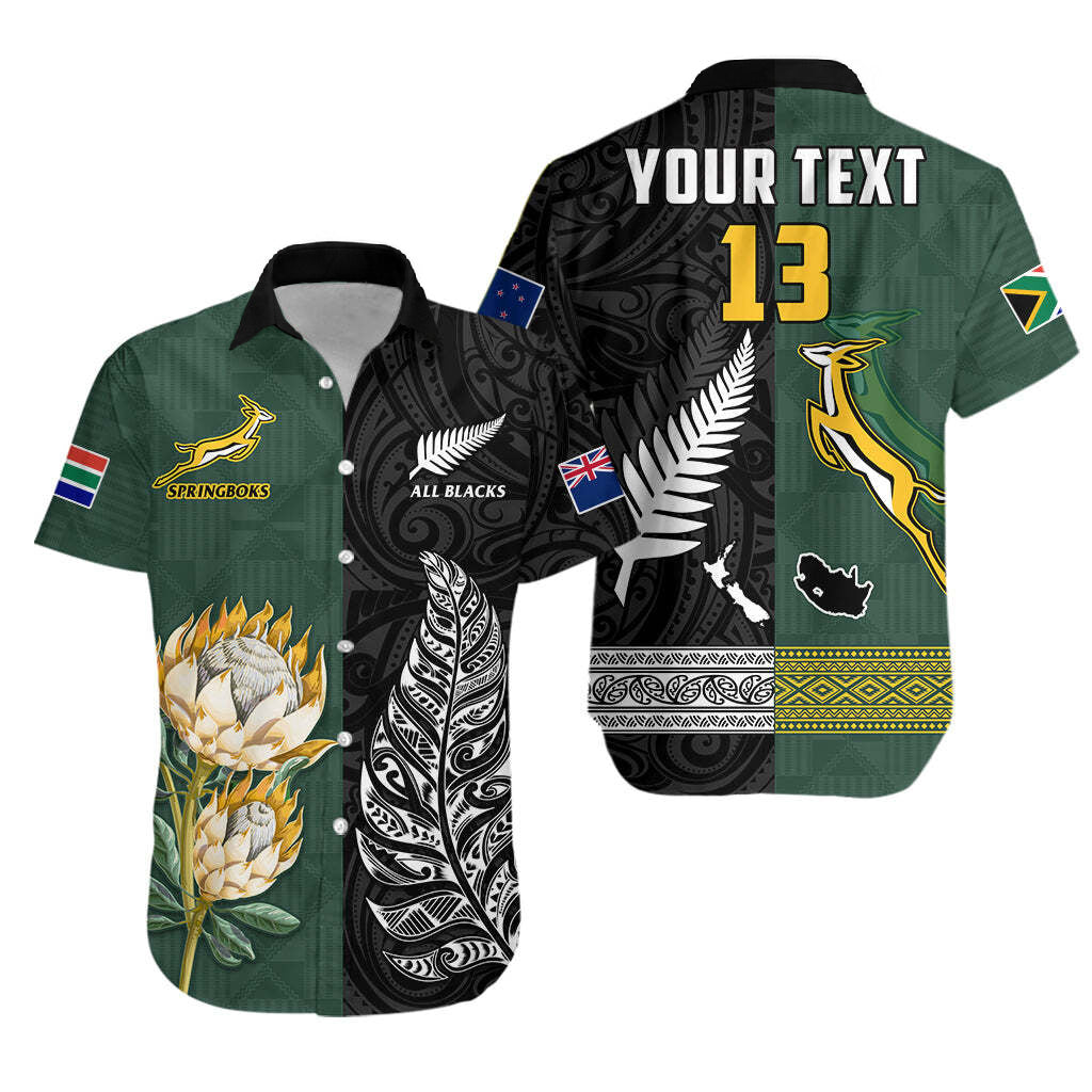 (Custom Text and Number) South Africa Protea and New Zealand Fern Hawaiian Shirt Rugby Go Springboks vs All Black LT13