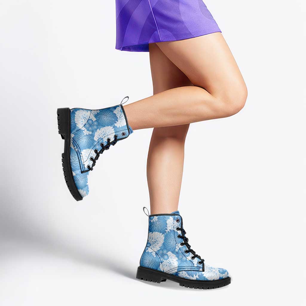 Blue Aloha Hawaii Leather Boots Monstera Hibiscus Plumeria Seamless Vibes - Polynesian Pride