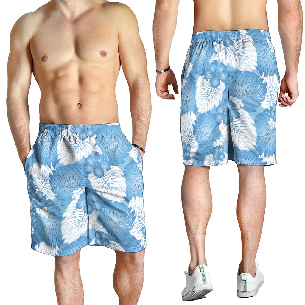 Blue Aloha Hawaii Shorts for Men Monstera Hibiscus Plumeria Seamless Vibes - Polynesian Pride