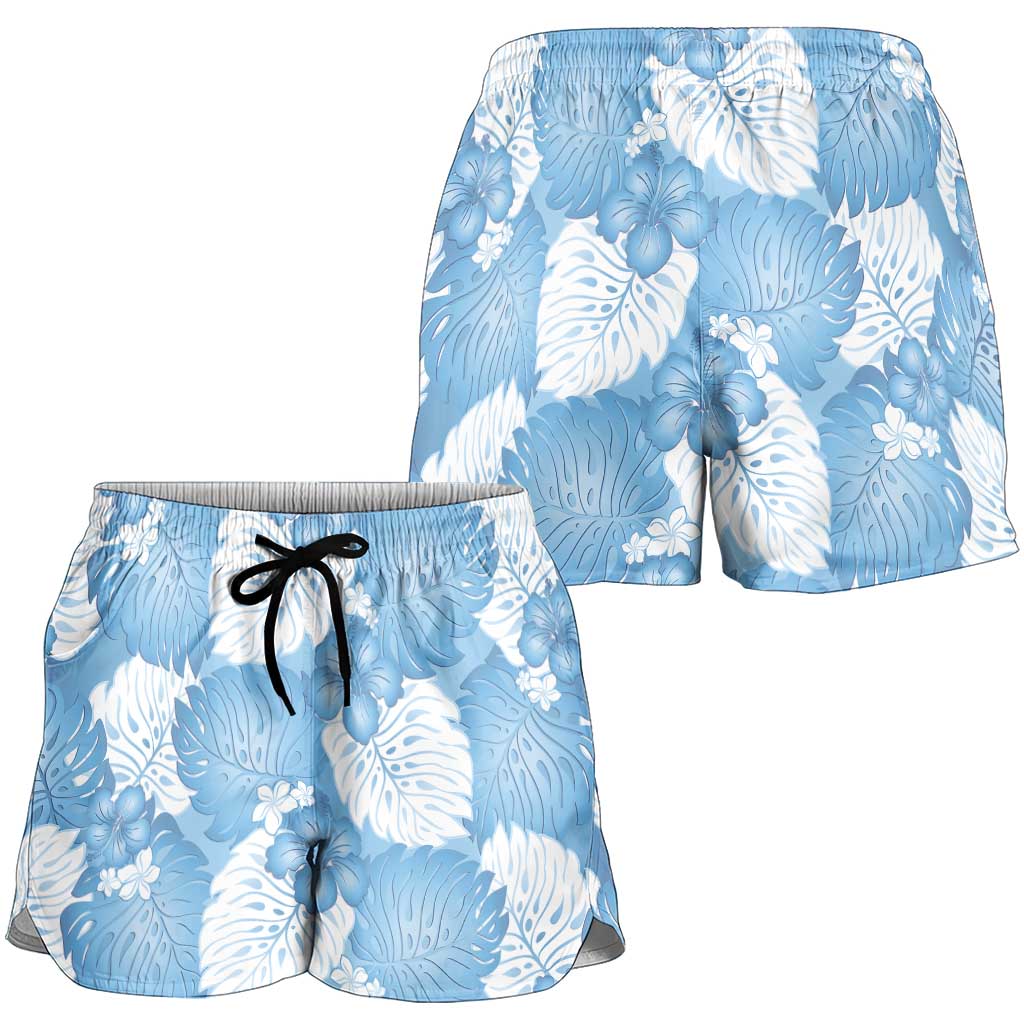 Blue Aloha Hawaii Shorts for Women Monstera Hibiscus Plumeria Seamless Vibes - Polynesian Pride