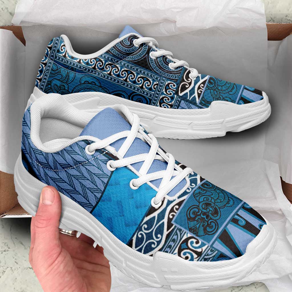 Blue Aotearoa Kowhaiwhai Pattern Chunky Sneakers NZ Maori Quilt Style - Polynesian Pride