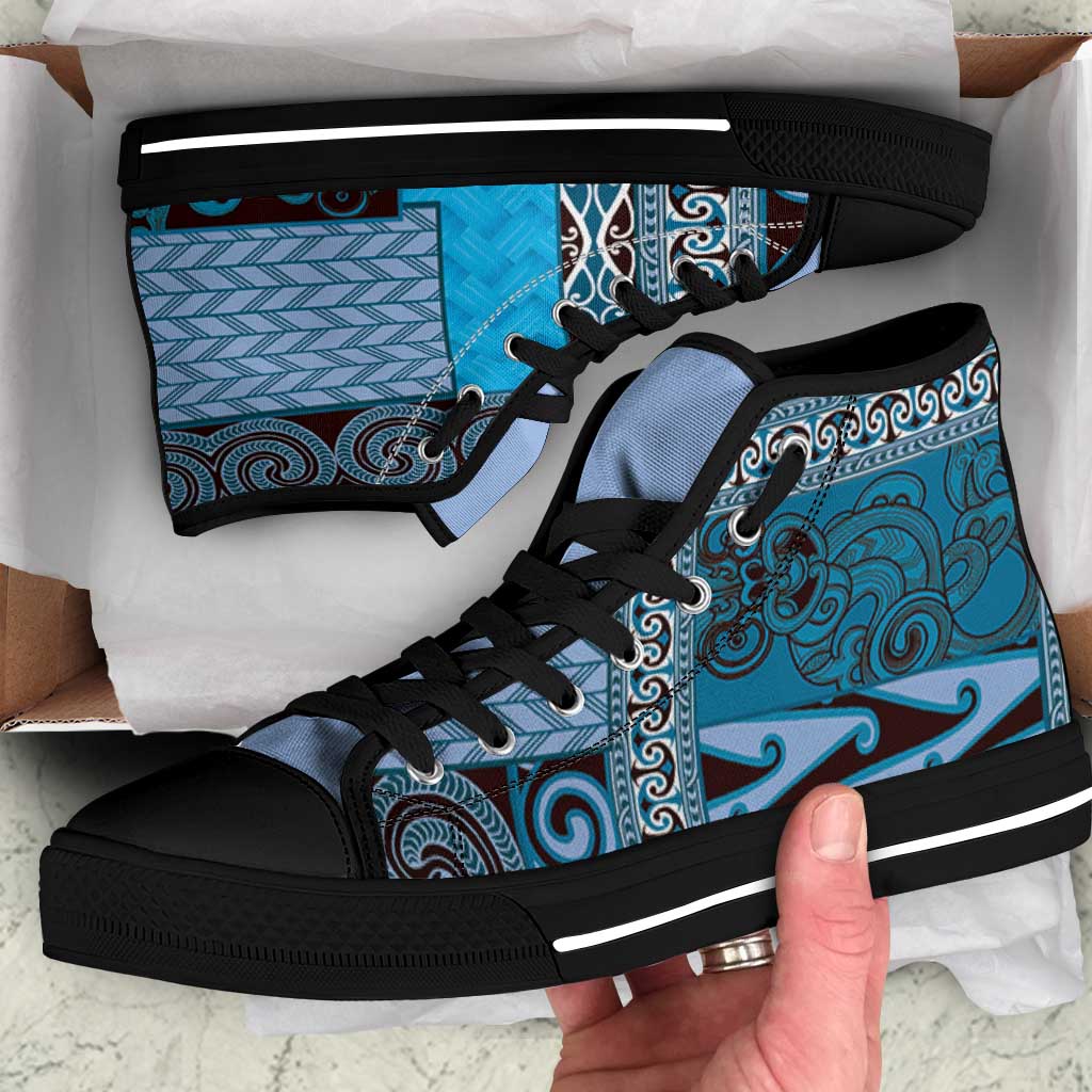 Blue Aotearoa Kowhaiwhai Pattern High Top Shoes NZ Maori Quilt Style - Polynesian Pride