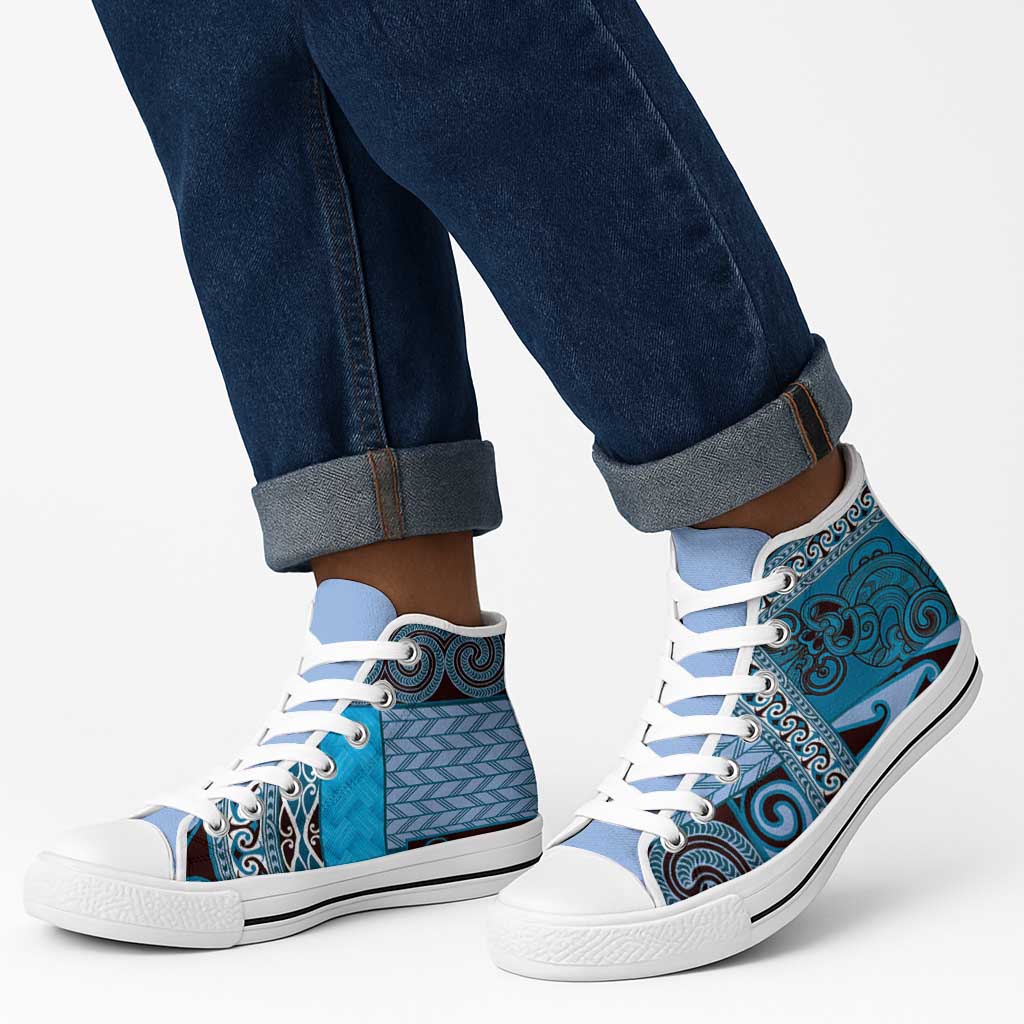 Blue Aotearoa Kowhaiwhai Pattern High Top Shoes NZ Maori Quilt Style - Polynesian Pride
