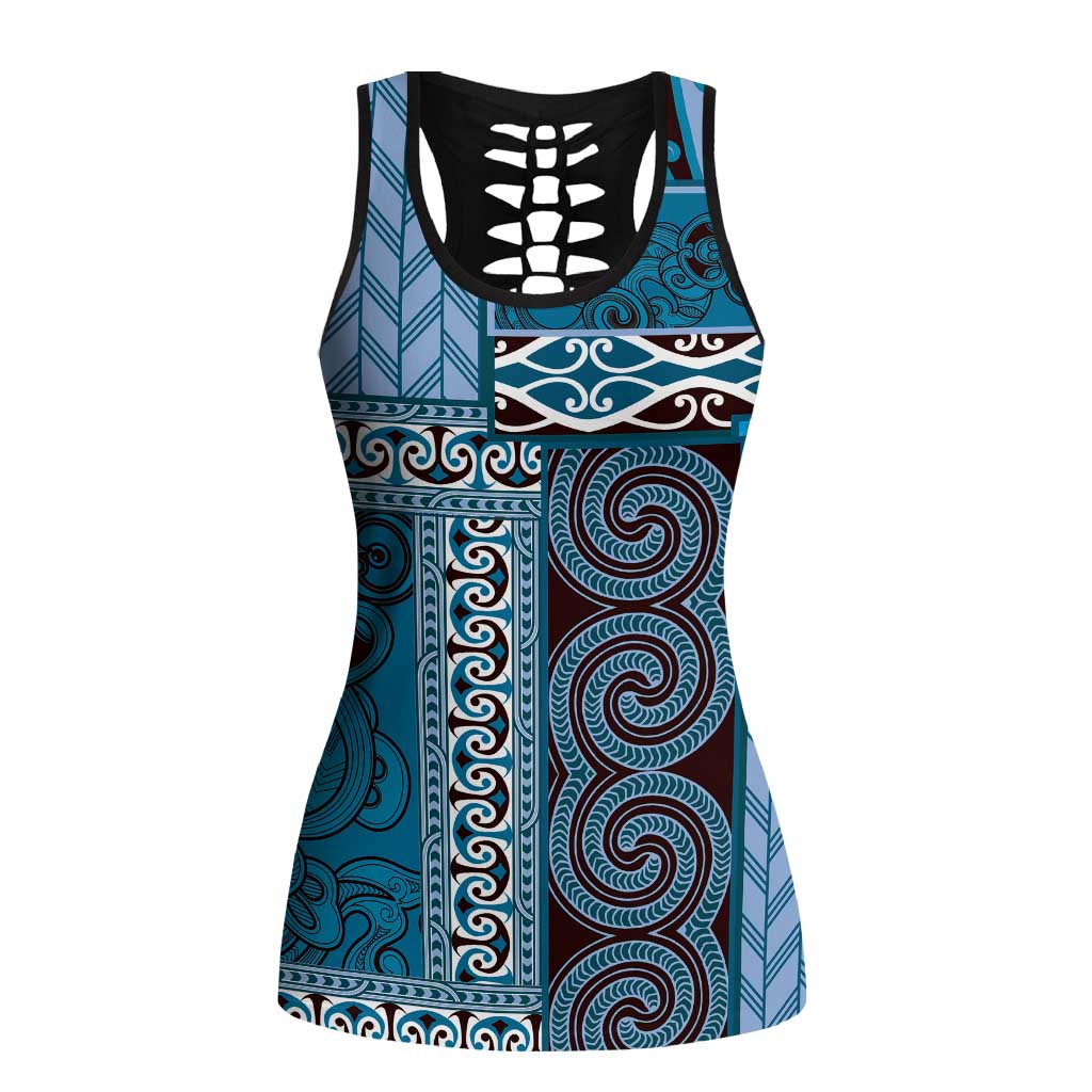 Blue Aotearoa Kowhaiwhai Pattern Hollow Tank Top NZ Maori Quilt Style - Polynesian Pride