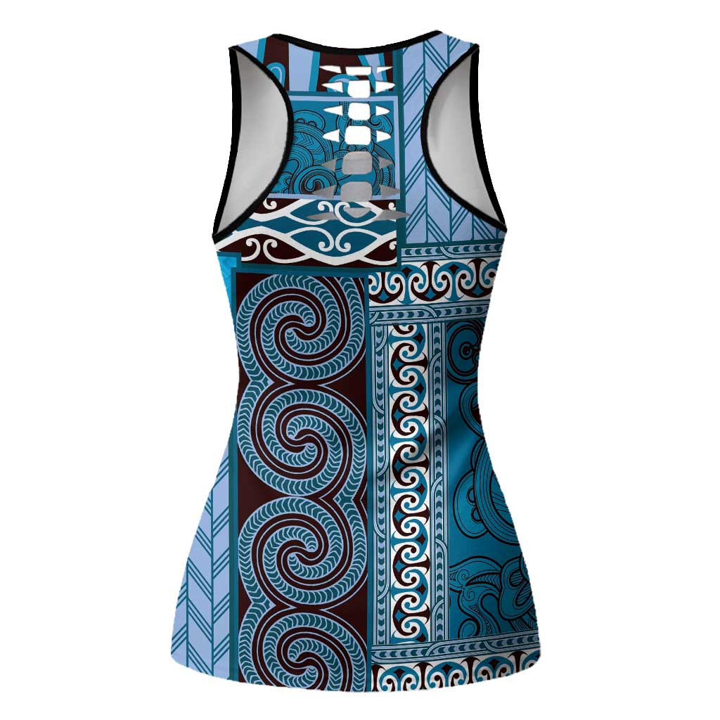 Blue Aotearoa Kowhaiwhai Pattern Hollow Tank Top NZ Maori Quilt Style - Polynesian Pride