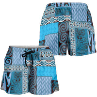 Blue Aotearoa Kowhaiwhai Pattern Shorts for Women NZ Maori Quilt Style - Polynesian Pride