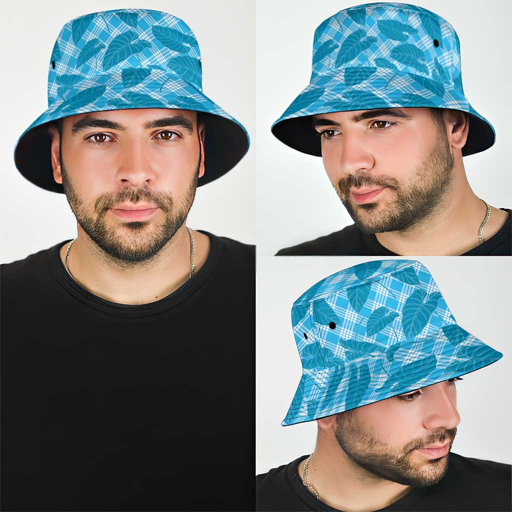 Blue Hawaii Kalo Palaka Motifs Bucket Hat Hawaiian Taro Leaves Elegant Vibes
