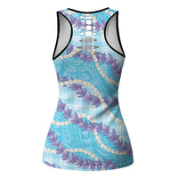 Blue Hawaii Palaka Honohono Pikake Hollow Tank Top Hawaiian Orchid Lei Polynesian Pattern - Polynesian Pride